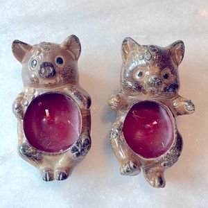 Pair of pig & cat ceramic candles - made in Japan